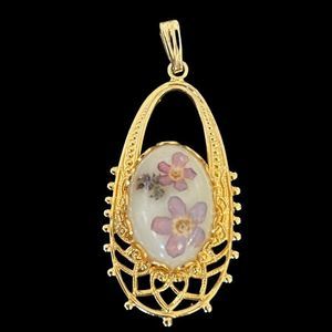 Vintage Domed Glass Pressed Purple Flower Gold Tone Filigree Pendant Dainty